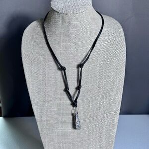 Black Leather Adjustable Necklace with Silver Stone Pendant Costume NWOT